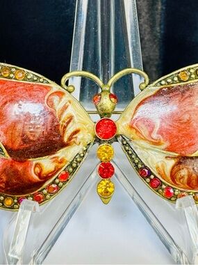 Strawberry Cream Swirl Enamel Butterfly Brooch with Red and Yellow Stones
